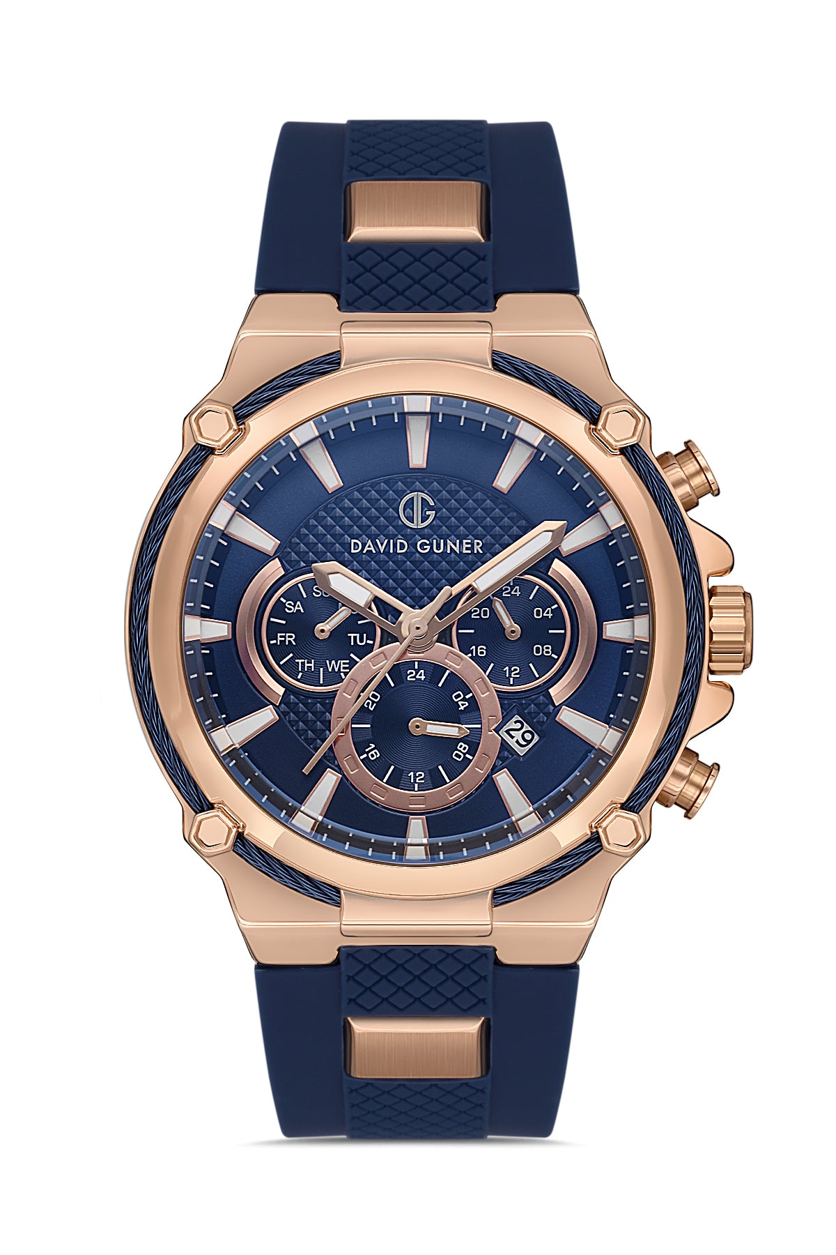 DAVID GUNER Mavi Silikon Kordonlu Mavi Kadranlı Rose Kaplamalı Multi Fonksiyonlu Erkek Kol Saati - DG-8270GD-T3