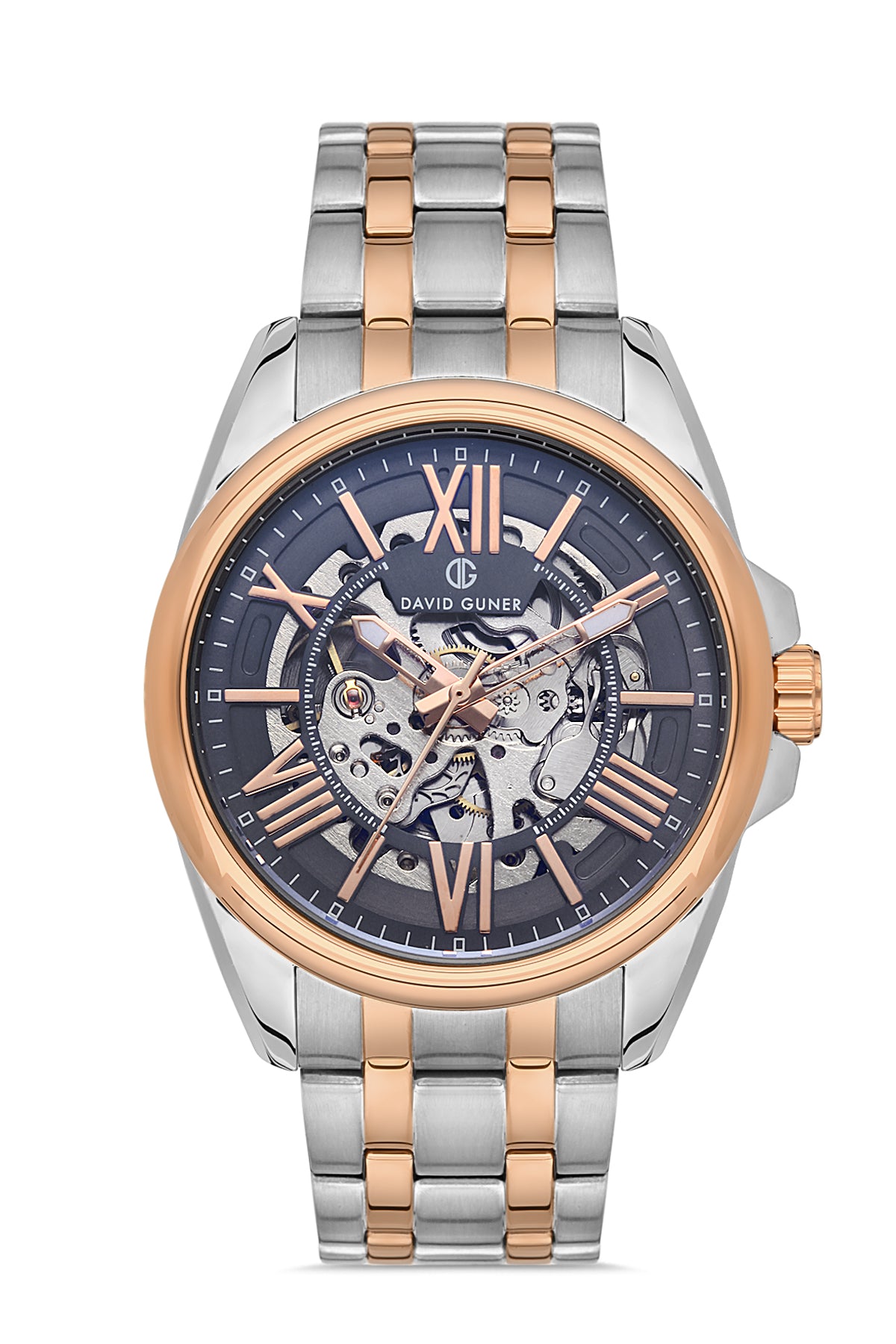 DAVID GUNER Roman Numeral Automatic Function Gray Dial Rose Silver Plating Men's Watch