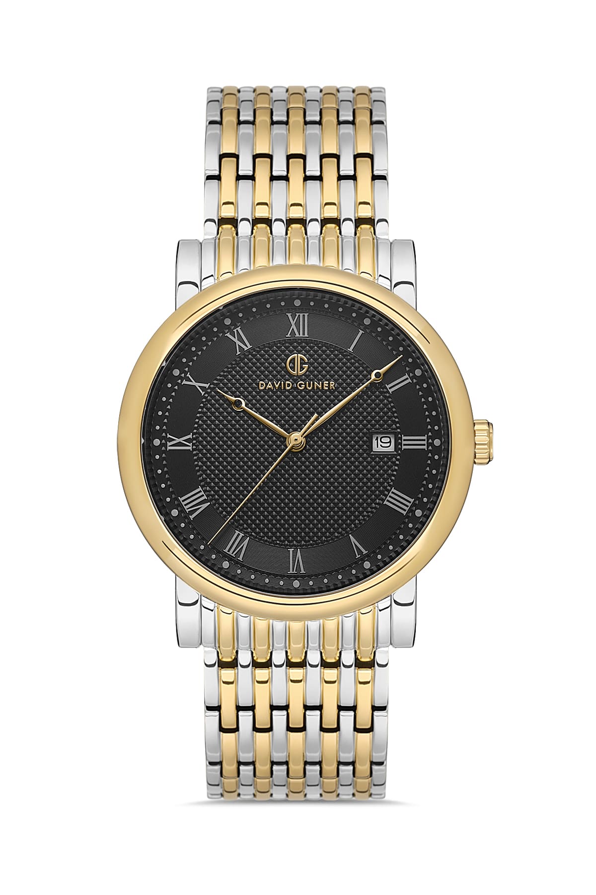 DAVID GUNER Roma Rakamlı Siyah Kadranlı Sarı Gümüş Kaplamalı Takvimli Erkek Kol Saati - DG-8672GA-D2