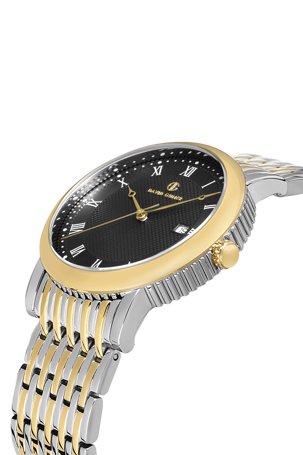 DAVID GUNER Roma Rakamlı Siyah Kadranlı Sarı Gümüş Kaplamalı Takvimli Erkek Kol Saati - DG-8672GA-D2