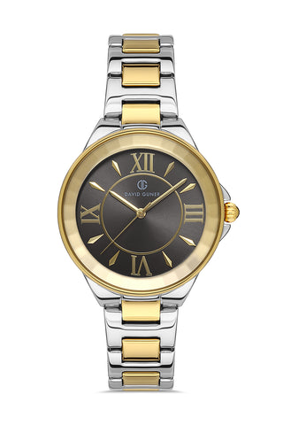 DAVID GUNER Roma Rakamlı Siyah Kadranlı Sarı-Gümüş Paslanmaz Masif Çelik Kadın Kol Saati - DG-8097LA-D9