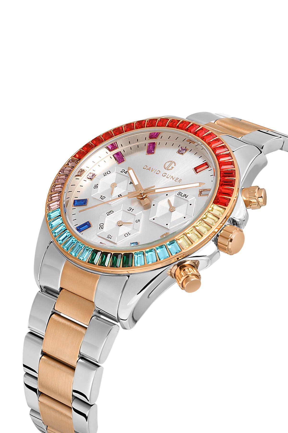 DAVID GUNER Rose-Beyaz Kaplama Gümüş Kadranlı Multi Fonksiyon Paslanmaz Masif Çelik Uniseks Kol Saati - DG-8678GA-E1