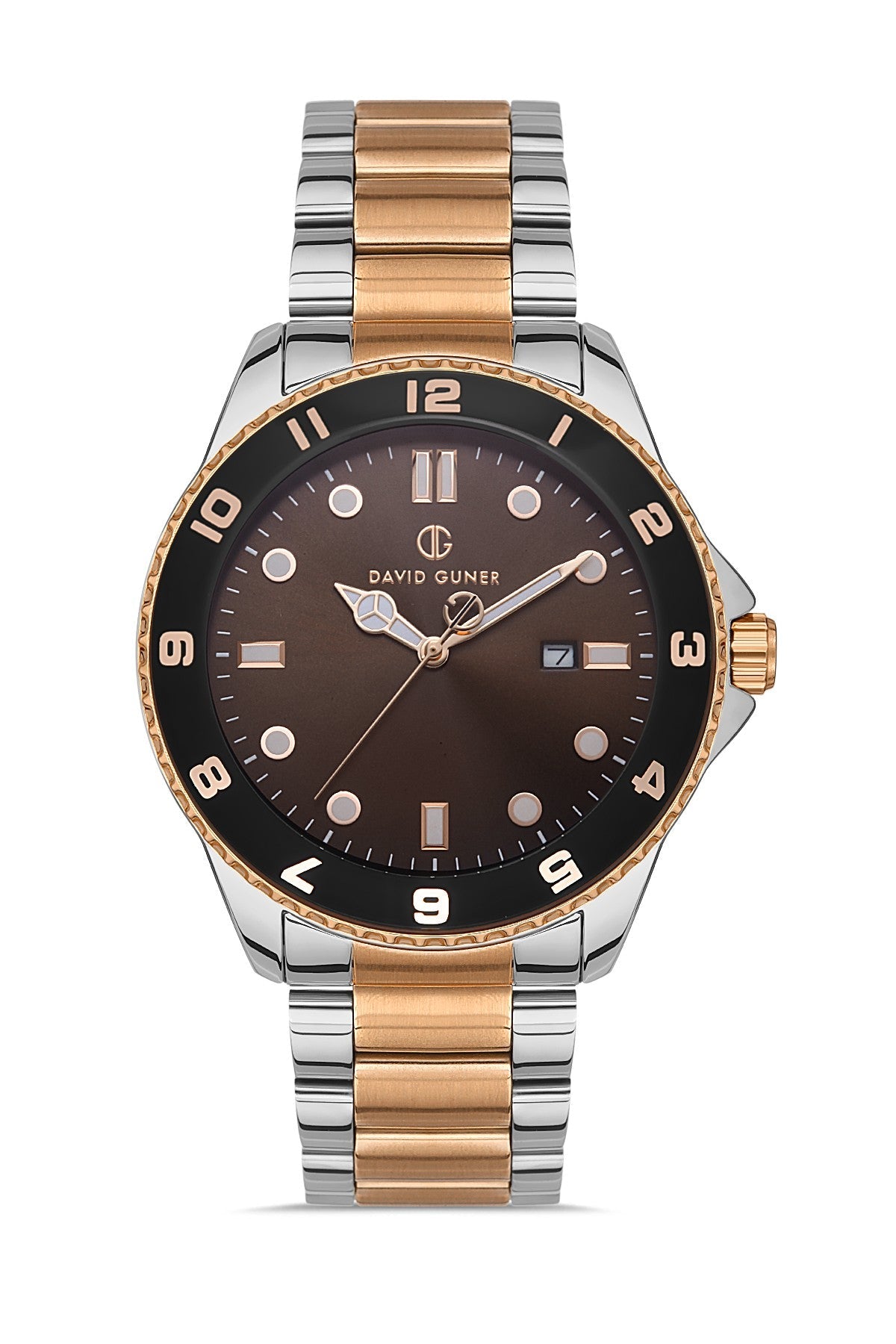 DAVID GUNER Rose Beyaz Kaplama Kahverengi Kadranlı Takvimli Paslanmaz Masif Çelik Erkek Kol Saati - DG-8461GA-E6