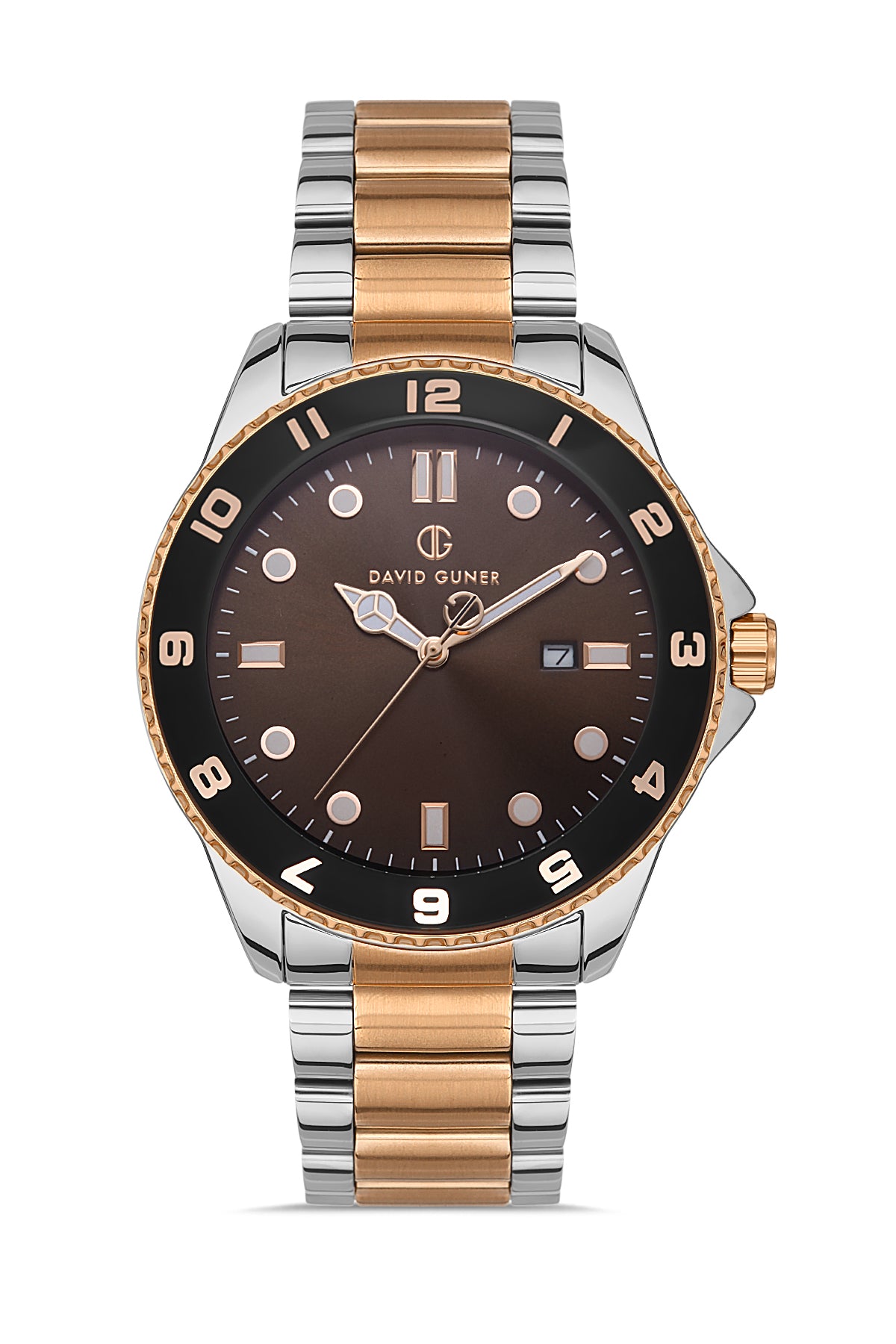 DAVID GUNER Rose Beyaz Kaplama Kahverengi Kadranlı Takvimli Paslanmaz Masif Çelik Erkek Kol Saati - DG-8461GA-E6