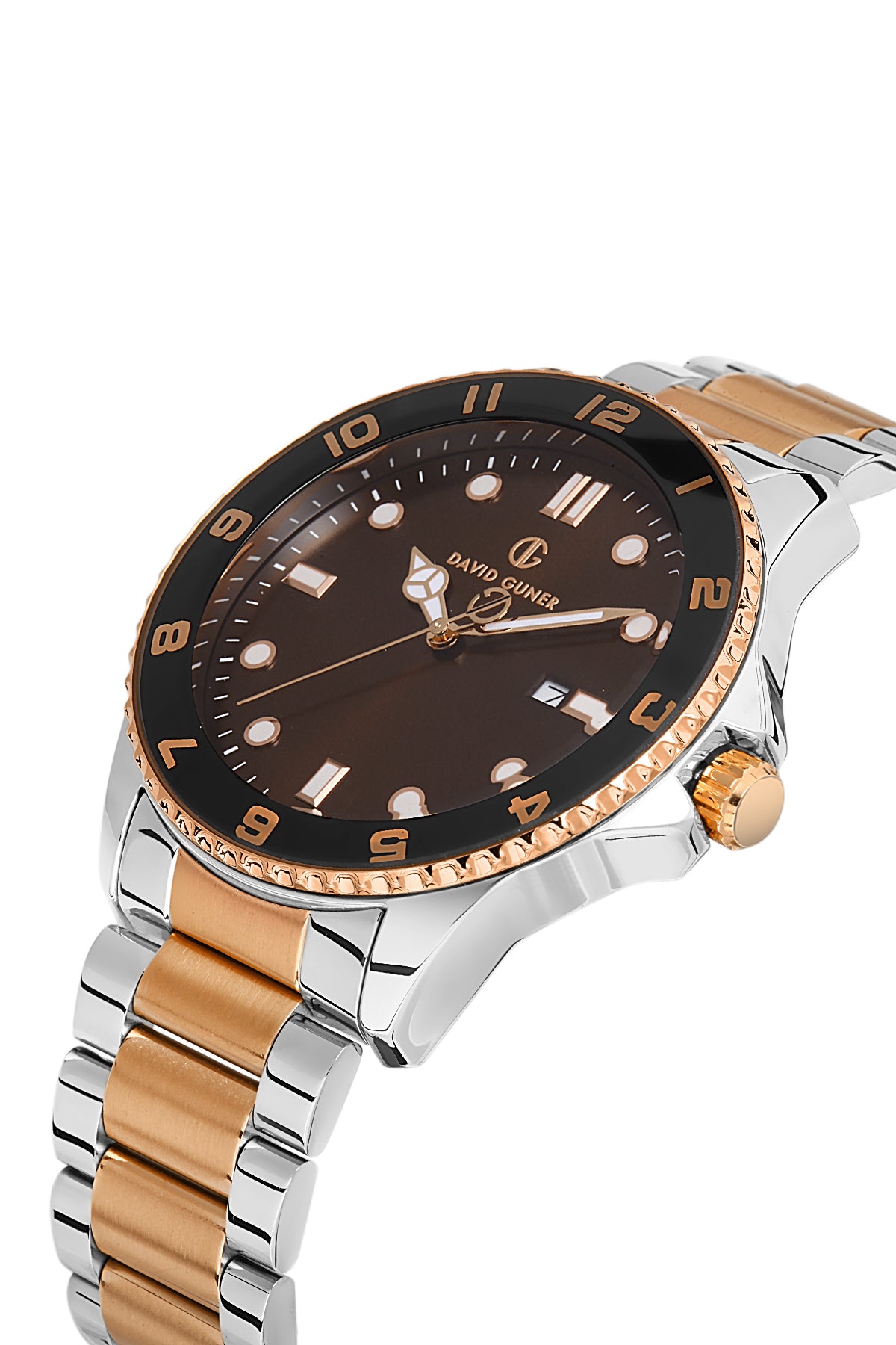 DAVID GUNER Rose Beyaz Kaplama Kahverengi Kadranlı Takvimli Paslanmaz Masif Çelik Erkek Kol Saati - DG-8461GA-E6
