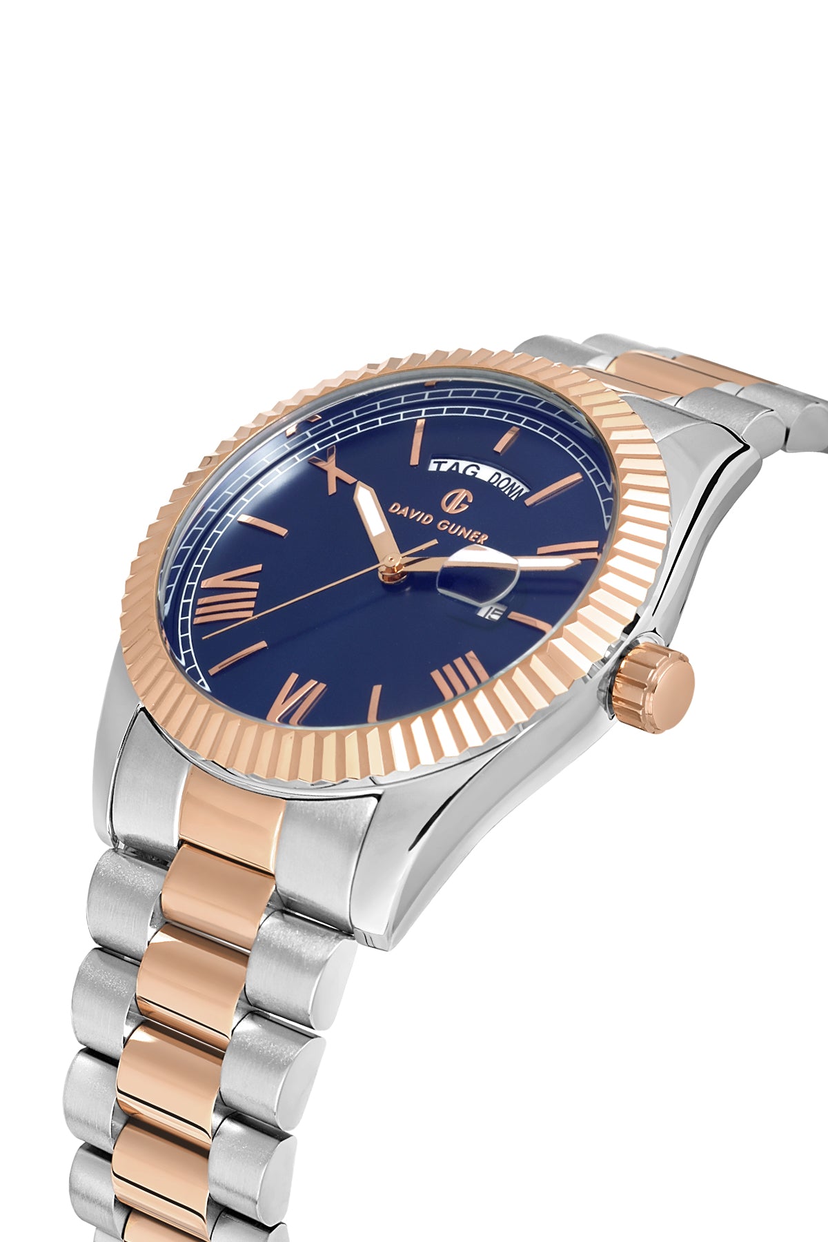DAVID GUNER Rose Beyaz Kaplama Mavi Kadranlı Takvimli Paslanmaz Masif Çelik Erkek Kol Saati - DG-8698GA-E3