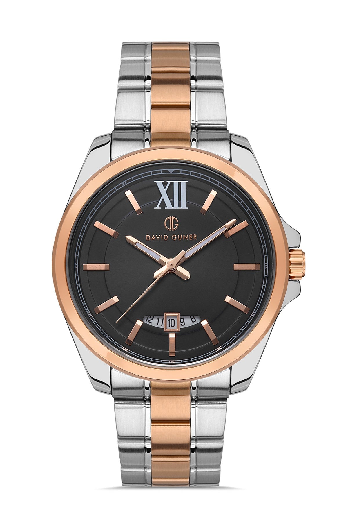 DAVID GUNER Rose-Beyaz Kaplama Siyah Kadranlı Takvimli Paslanmaz Masif Çelik Kordonlu Erkek Kol Saati - DG-8071GA-E2