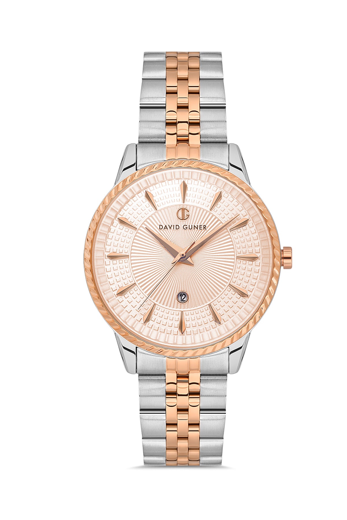 DAVID GUNER Rose Beyaz Kaplama Rose Kadranlı Takvimli Paslanmaz Masif Çelik Kadın Kol Saati - DG-8680LA-E5