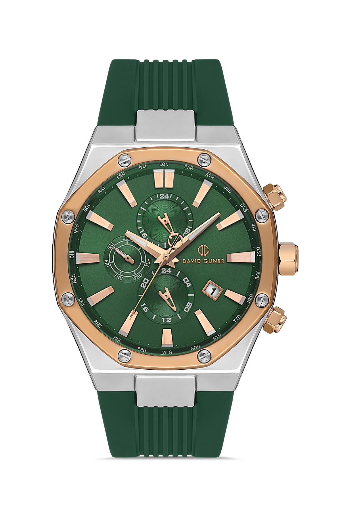 DAVID GUNER Rose Beyaz Kaplama Yeşil Kadranlı Silikon Kordonlu Erkek Kol Saati - DG-8821GD-E10