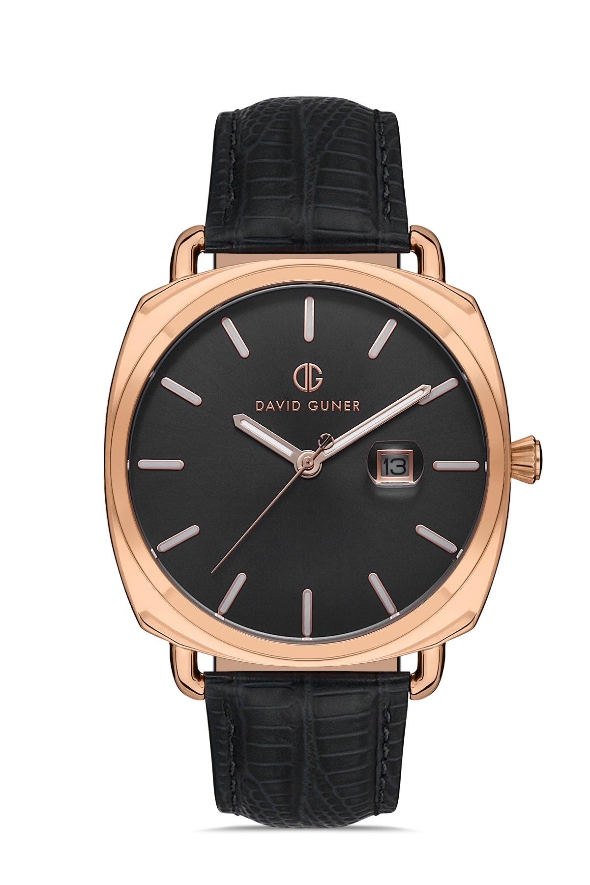 DAVID GUNER Rose Kaplama Siyah Kadranlı Takvimli Siyah Deri Kordonlu Erkek Kol Saati - DG-8055GB-R2
