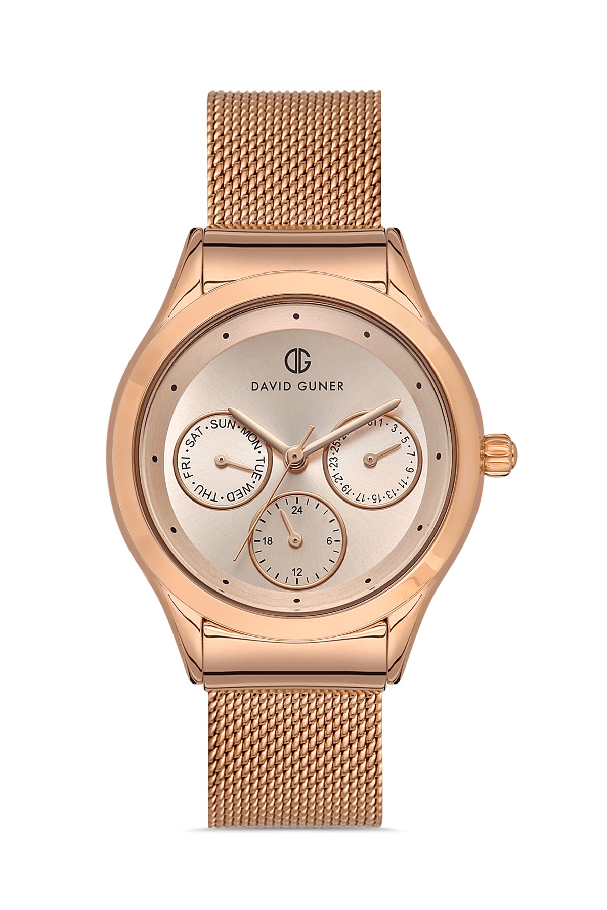 DAVID GUNER Rose Kaplama Rose Kadranlı Multi Fonksiyon Çelik Örme Kordon Kadın Kol Saati - DG-8276LC-C5