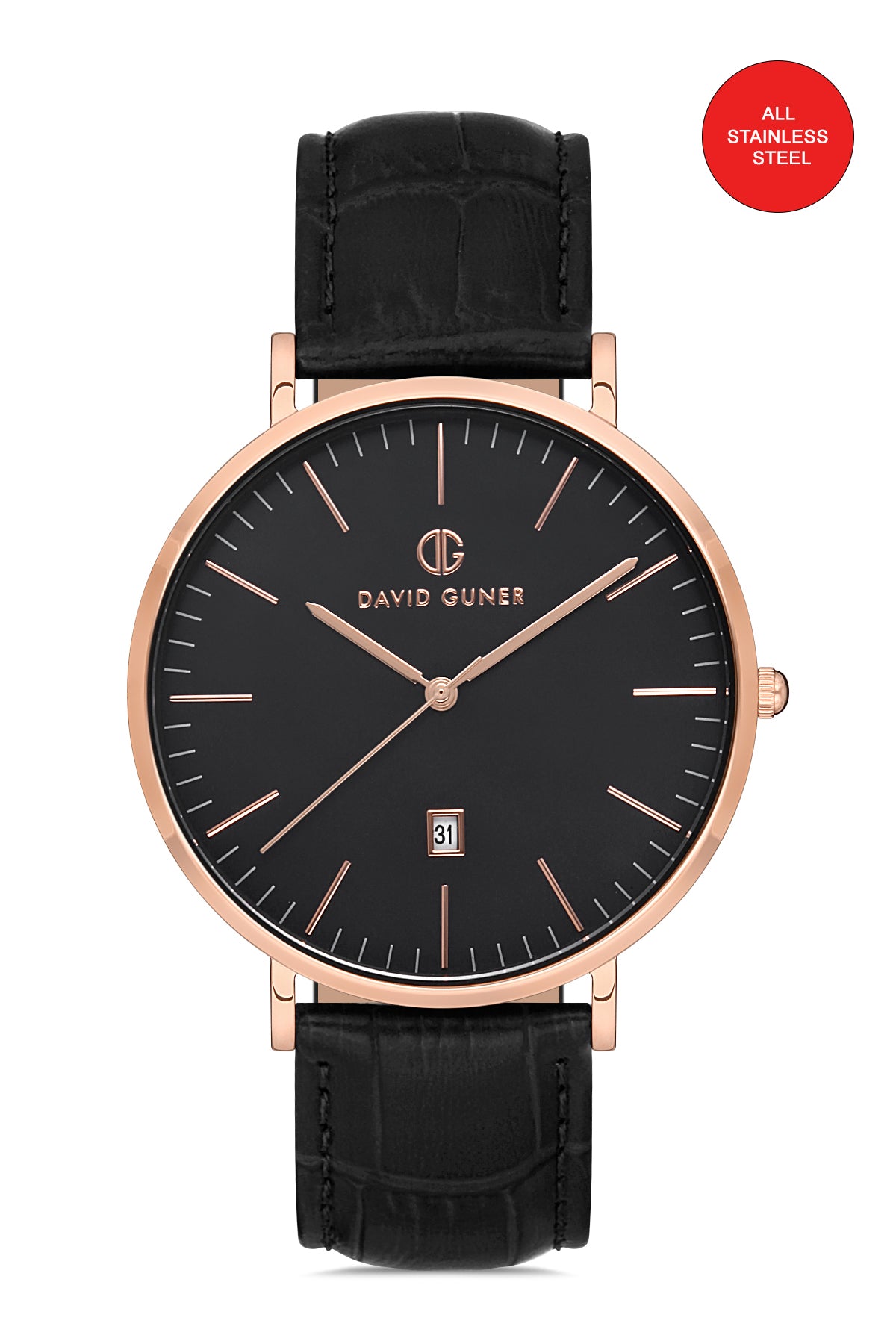 DAVID GUNER Siyah Kadranlı Rose Kaplamalı Erkek Deri Kol Saati - DG-8074GB-R2
