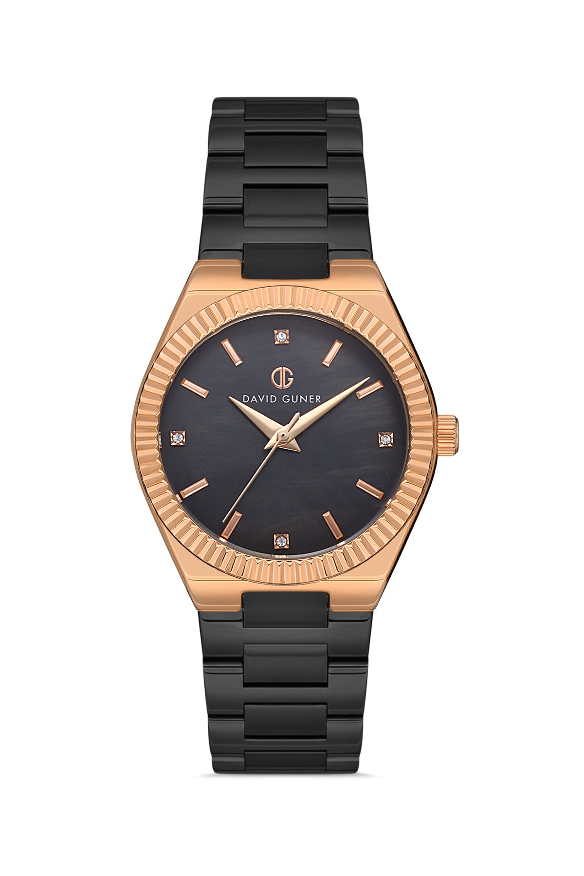 DAVID GUNER Rose-Coated Black Dial Women's Watch