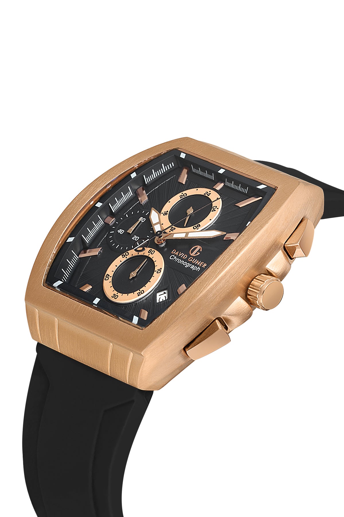 DAVID GUNER Rose-Coated Black Dial Men's Watch with Black Silicone Band