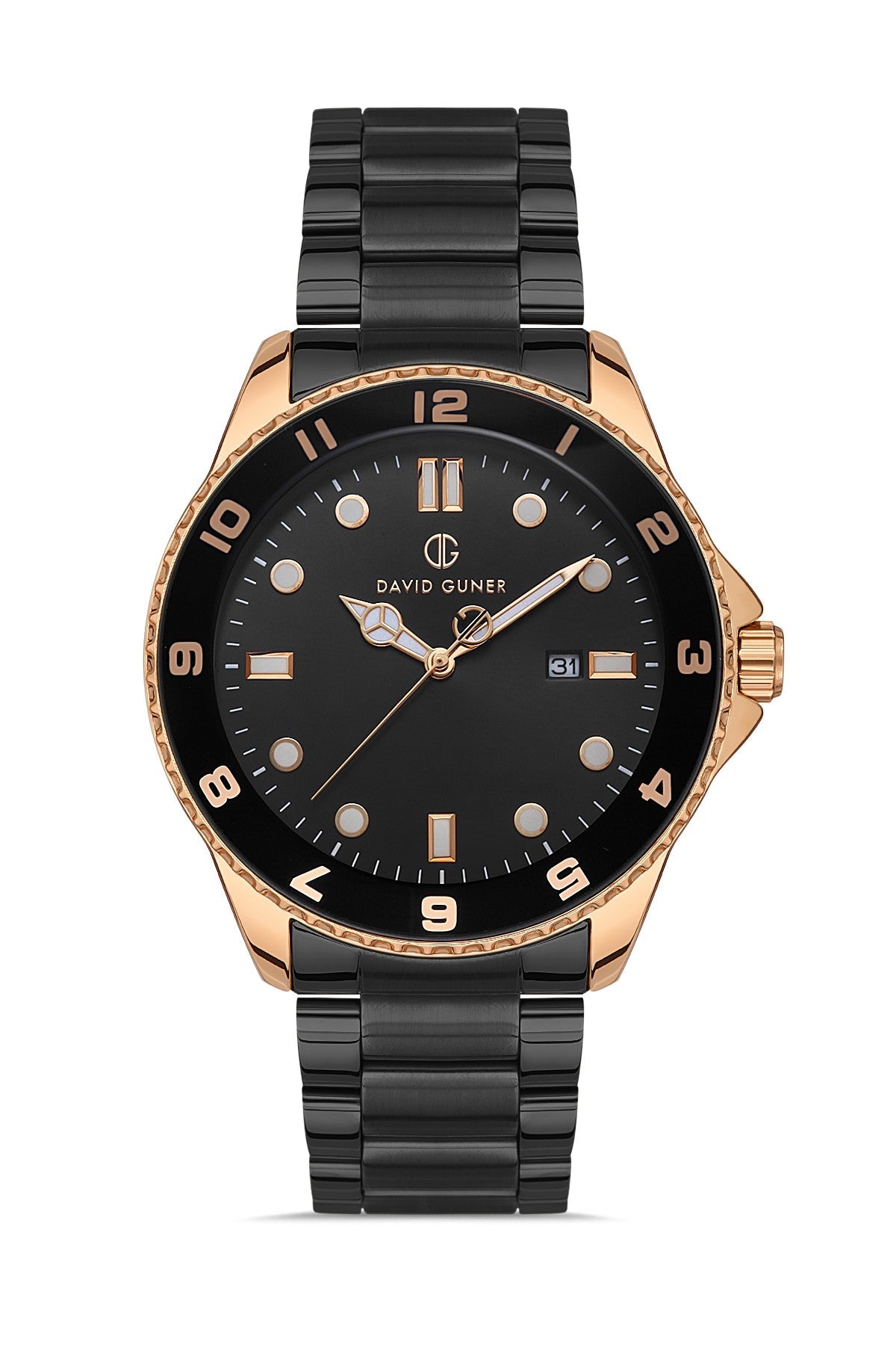 DAVID GUNER Rose Siyah Kaplama Siyah Kadranlı Takvimli Paslanmaz Masif Çelik Erkek Kol Saati - DG-8461GA-R2