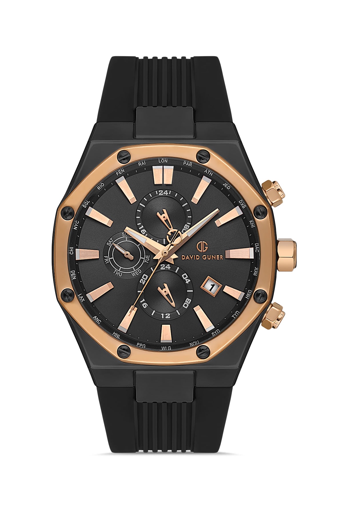 DAVID GUNER Rose Siyah Kaplama Multi Fonksiyonlu Siyah Kadranlı Silikon Kayışlı Erkek Kol Saati - DG-8821GD-R2