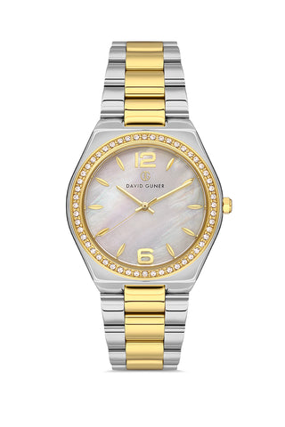 DAVID GUNER Sarı Beyaz Kaplama Gümüş Kadranlı Düz Paslanmaz Masif Çelik Kadın Kol Saati - DG-8472LA-D1