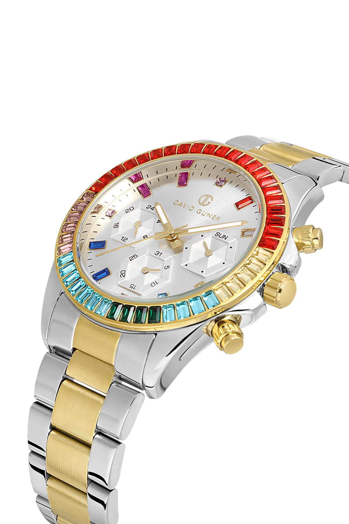 DAVID GUNER Sarı-Beyaz Kaplama Gümüş Kadranlı Multi Fonksiyon Paslanmaz Masif Çelik Uniseks Kol Saati - DG-8678GA-D1