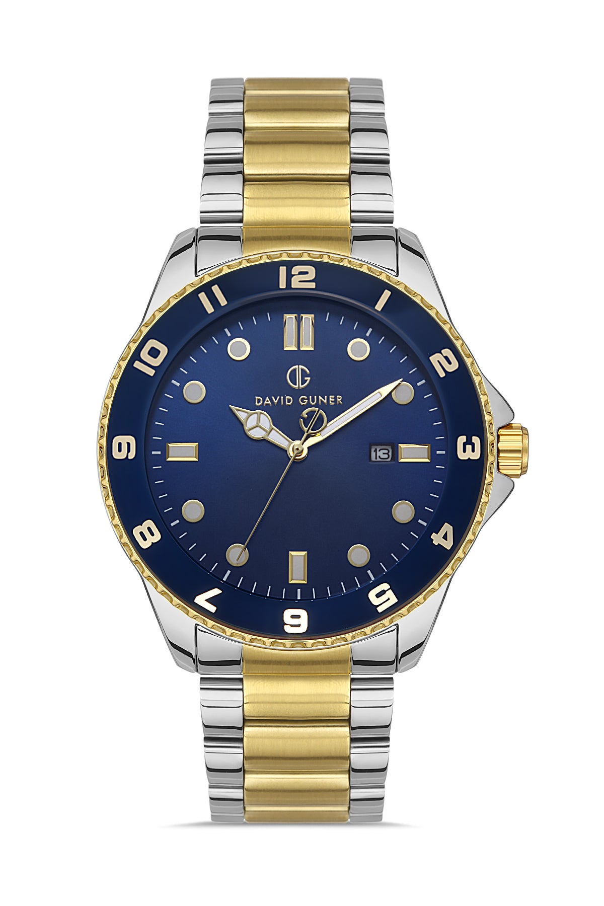 DAVID GUNER Sarı Beyaz Kaplama Mavi Kadranlı Takvimli Paslanmaz Masif Çelik Erkek Kol Saati - DG-8461GA-D3
