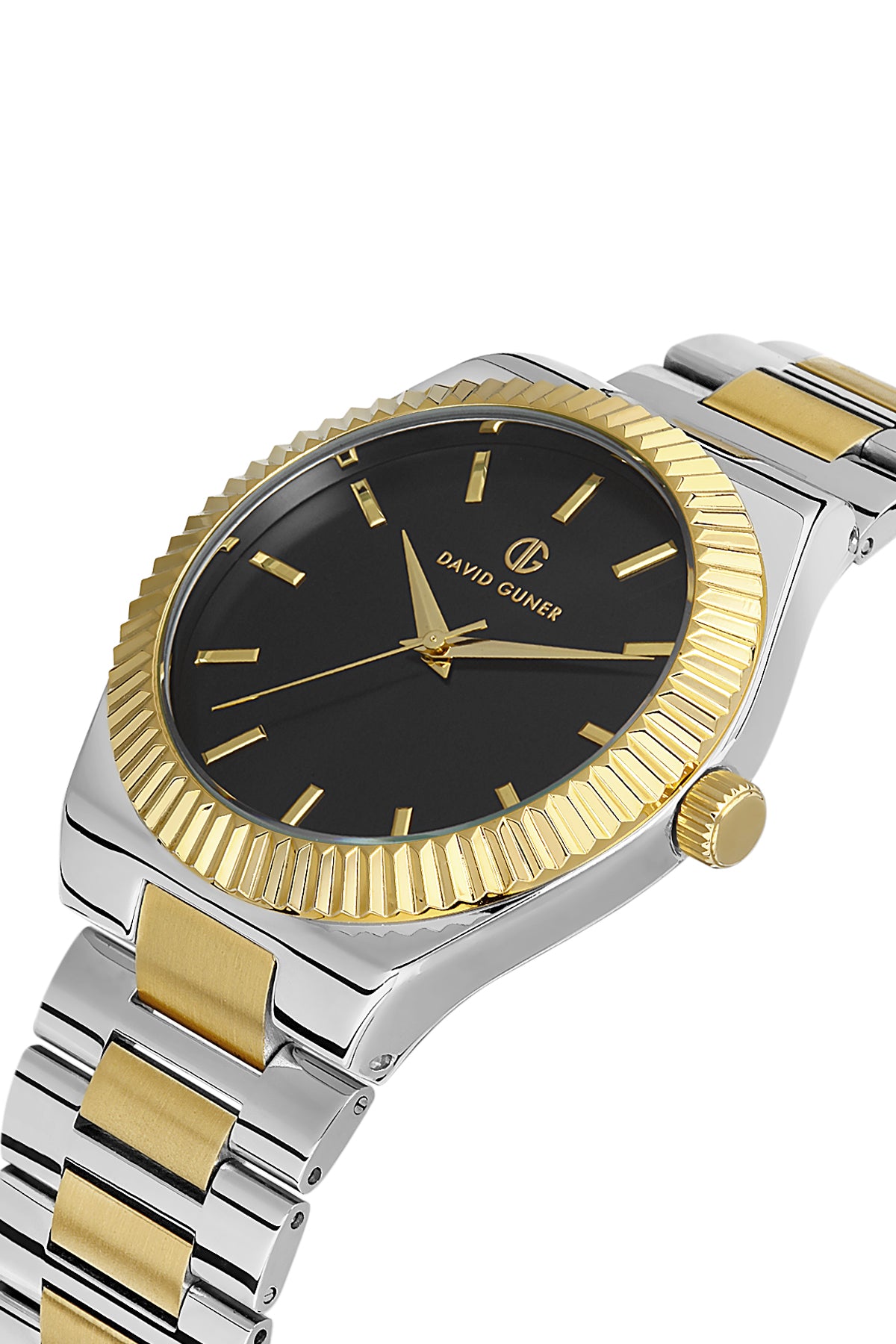 DAVID GUNER Sarı Beyaz Kaplama Siyah Kadranlı Paslanmaz Masif Çelik Kordonlu Erkek Kol Saati - DG-8408GA-D2