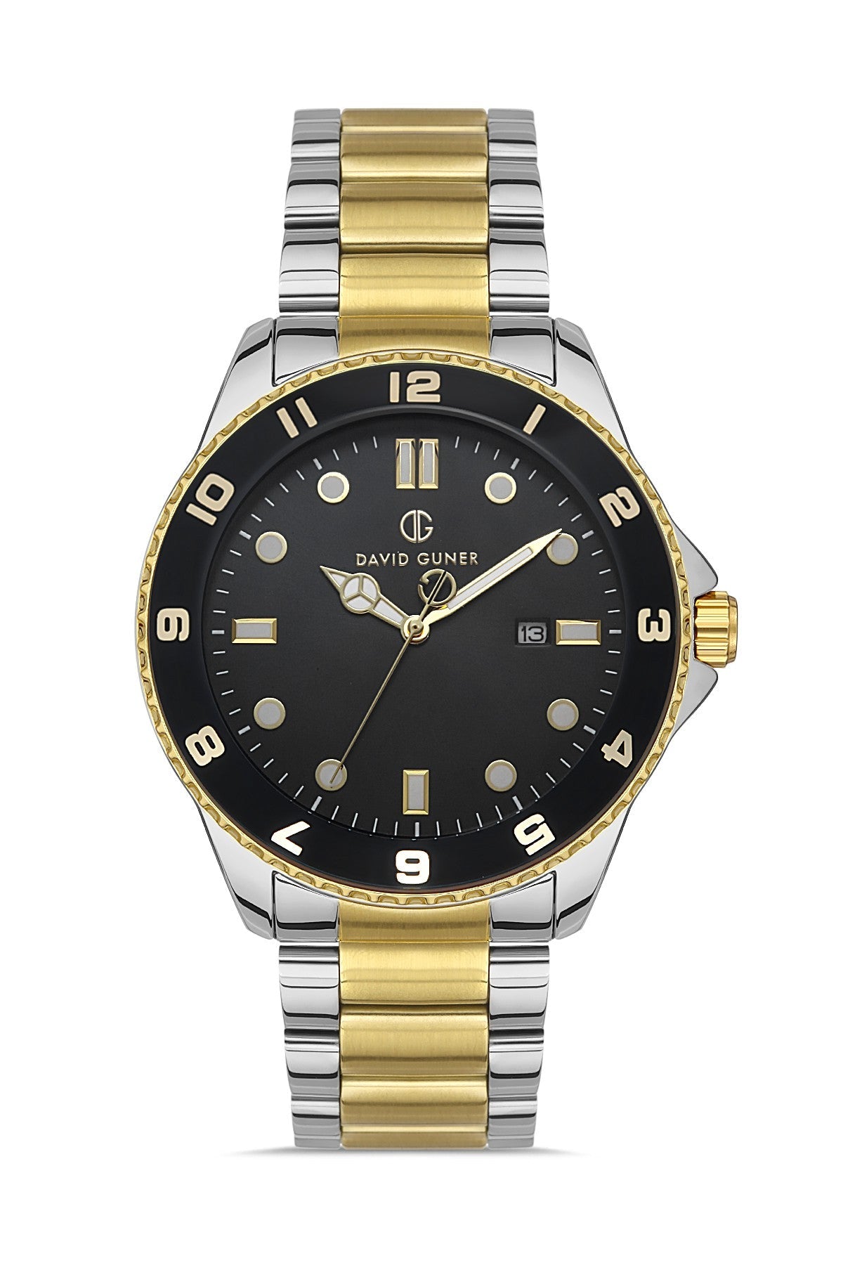 DAVID GUNER Sarı Beyaz Kaplama Siyah Kadranlı Takvimli Paslanmaz Masif Çelik Erkek Kol Saati - DG-8461GA-D2