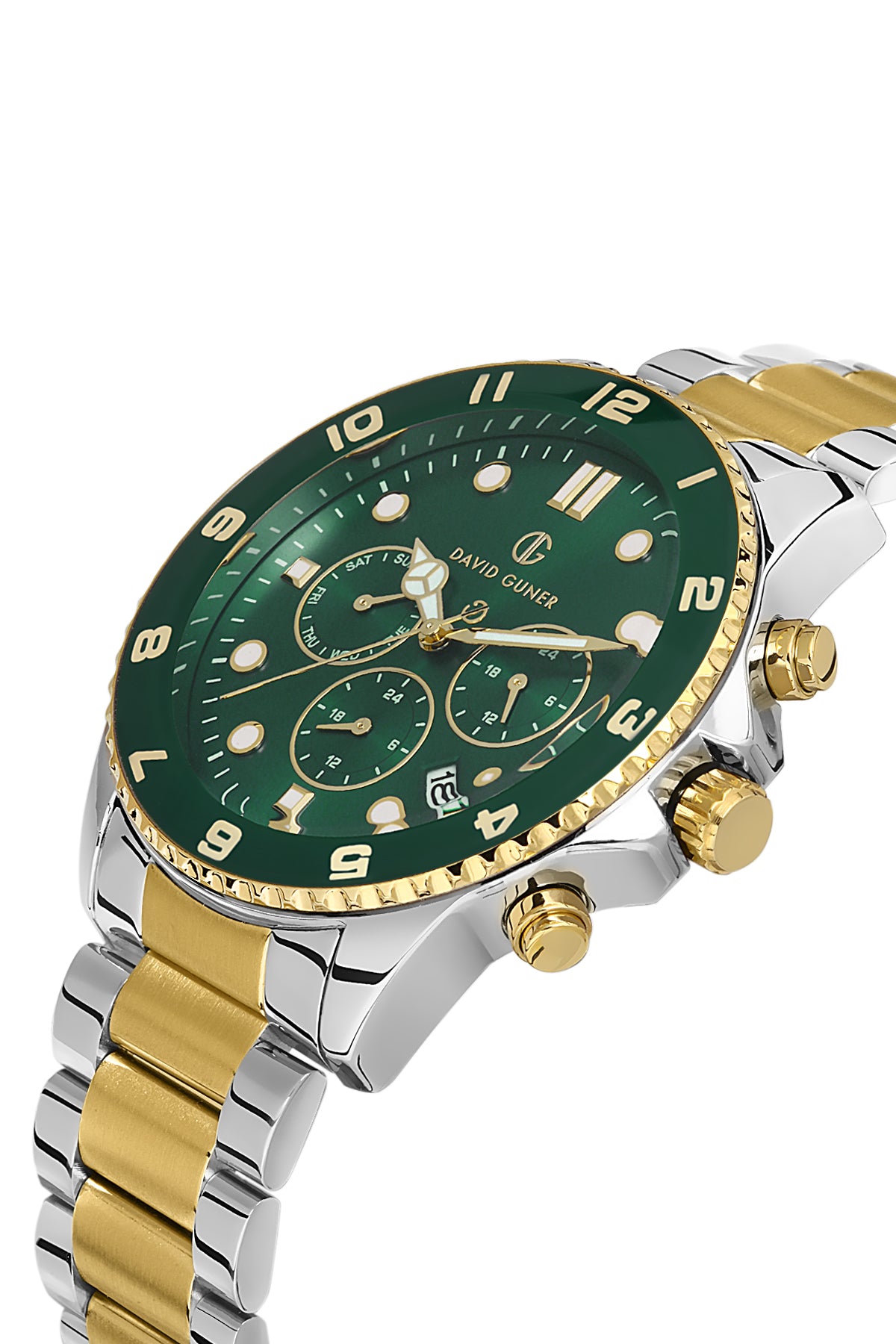 DAVID GUNER Sarı Beyaz Kaplama Yeşil Kadranlı Multi Fonksiyonlu Paslanmaz Masif Çelik Erkek Kol Saati - DG-8243GA-D10