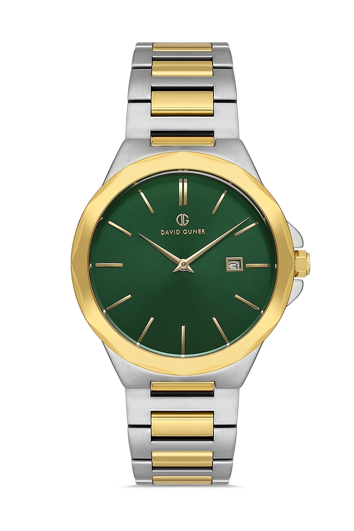 DAVID GUNER Sarı Beyaz Kaplama Yeşil Kadranlı Paslanmaz Masif Çelik Kordonlu Erkek Kol Saati - DG-8421GA-D10