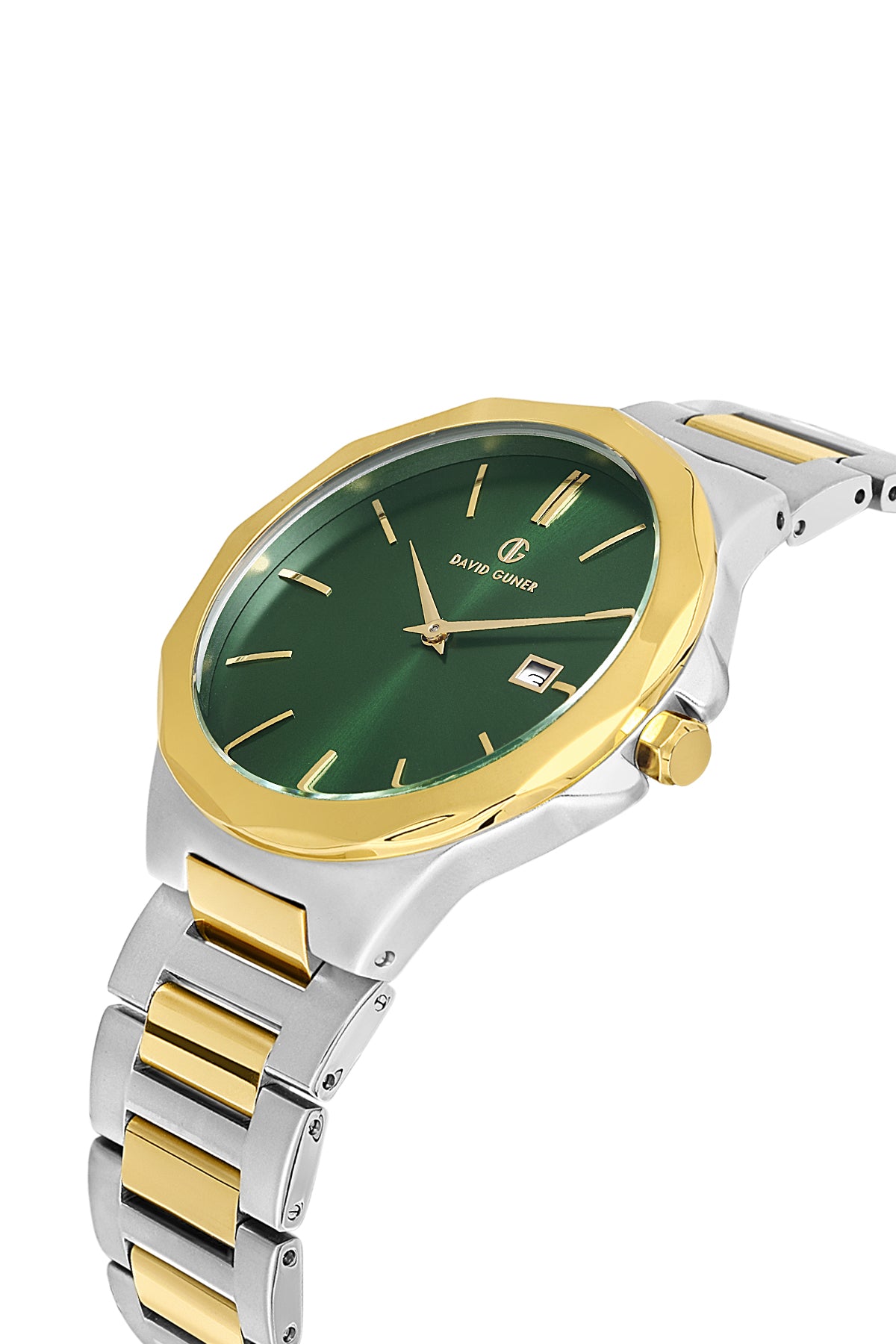 DAVID GUNER Sarı Beyaz Kaplama Yeşil Kadranlı Paslanmaz Masif Çelik Kordonlu Erkek Kol Saati - DG-8421GA-D10