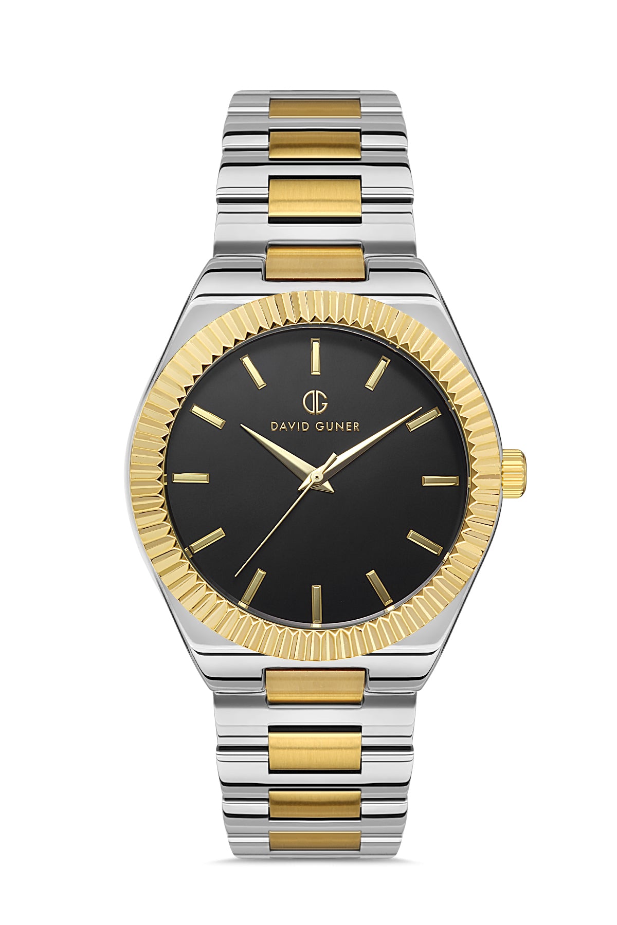 DAVID GUNER Sarı Beyaz Kaplama Siyah Kadranlı Paslanmaz Masif Çelik Kordonlu Erkek Kol Saati - DG-8408GA-D2