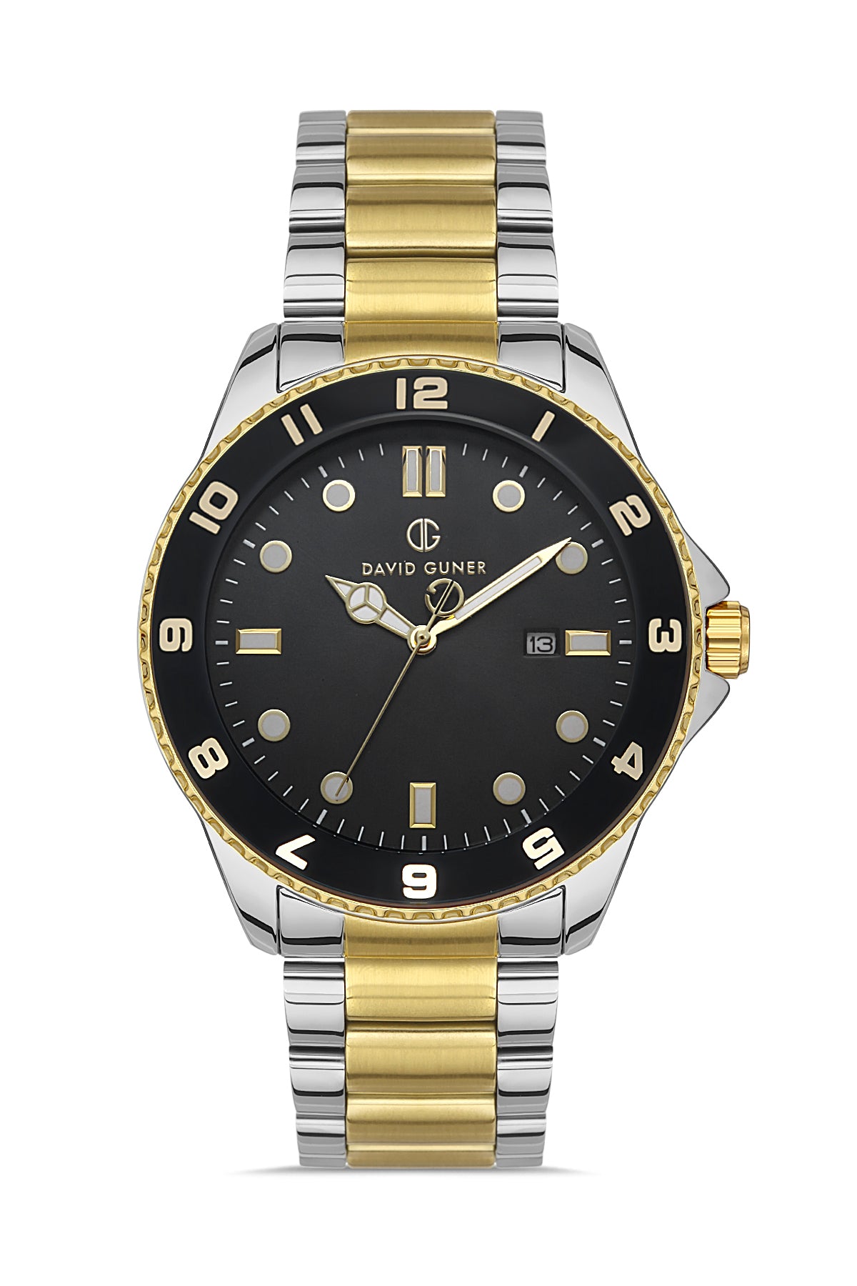 DAVID GUNER Sarı Beyaz Kaplama Siyah Kadranlı Takvimli Paslanmaz Masif Çelik Erkek Kol Saati - DG-8461GA-D2