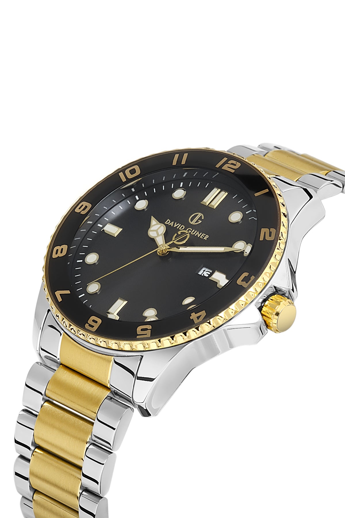 DAVID GUNER Sarı Beyaz Kaplama Siyah Kadranlı Takvimli Paslanmaz Masif Çelik Erkek Kol Saati - DG-8461GA-D2