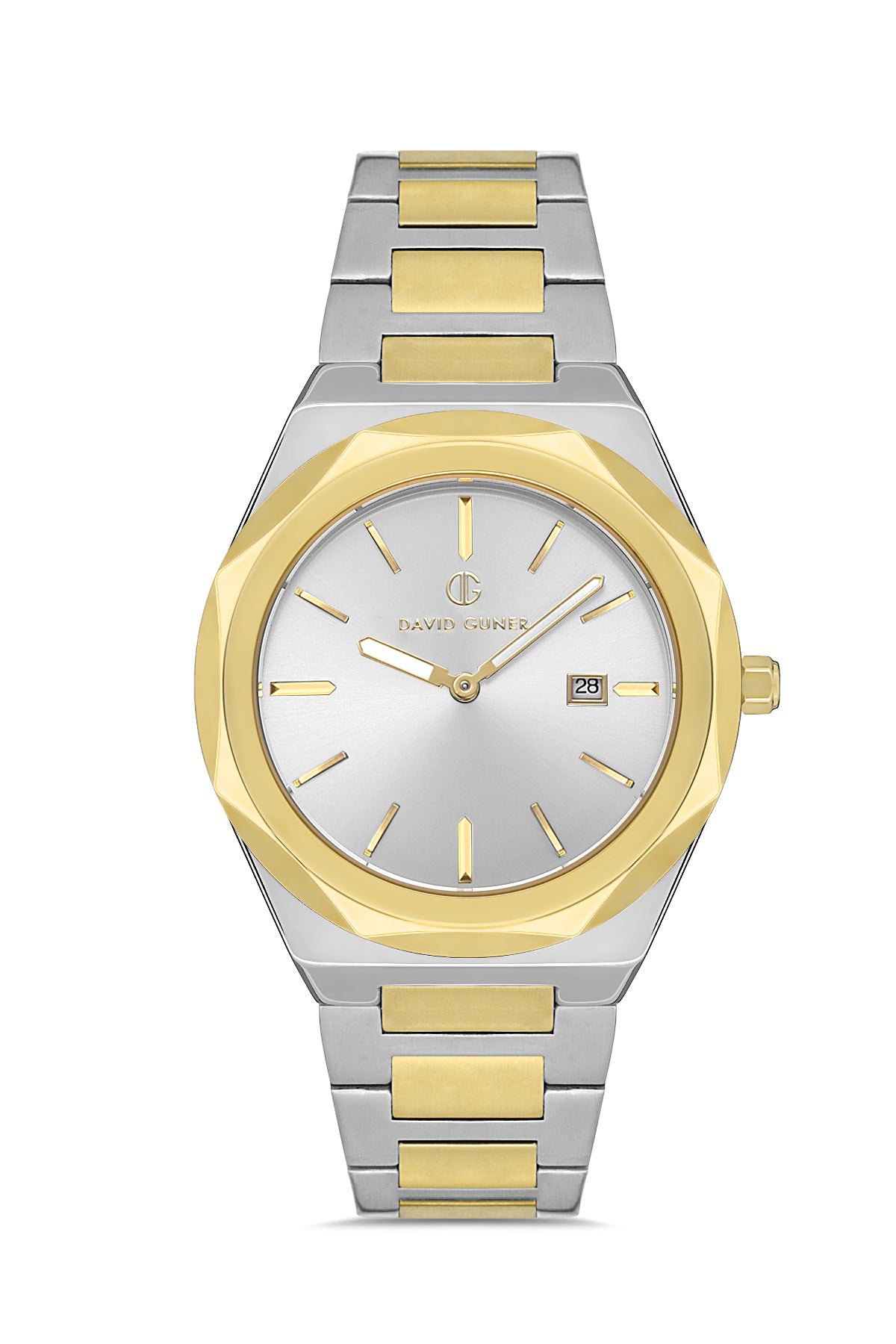 DAVID GUNER Sarı Beyaz Kaplama Gümüş Kadranlı Multi Fonksiyonlu Paslanmaz Masif Çelik Erkek Kol Saati - DG-8620GA-D1