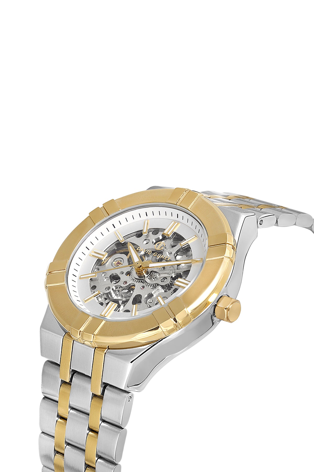 DAVID GUNER Gümüş Kadranlı Sarı Beyaz Kaplama Paslanmaz Masif Çelik Kordonlu Otomatik Erkek Kol Saati