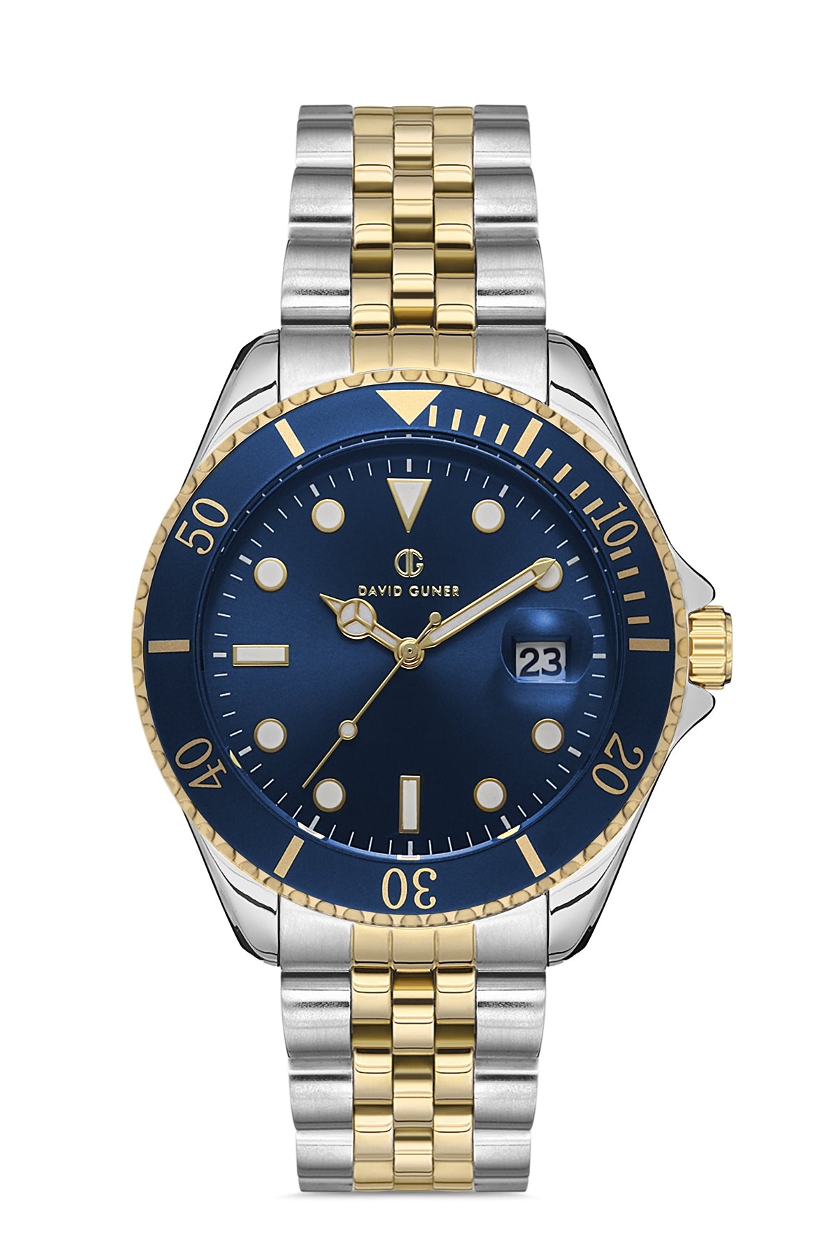 DAVID GUNER Sarı Gümüş Renk Kaplamalı Lacivert Kadranlı Takvimli Erkek Kol Saati - DG-8230GA-D3