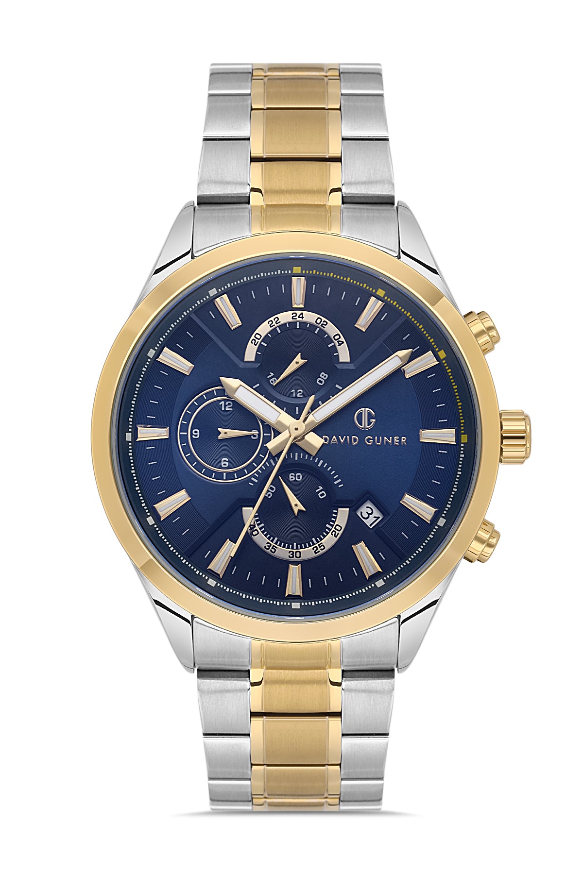 DAVID GUNER Sarı Beyaz Kaplamalı Mavi Paslanmaz Masif Çelik Kordon Erkek Kol Saati - DG-8720GA-D3