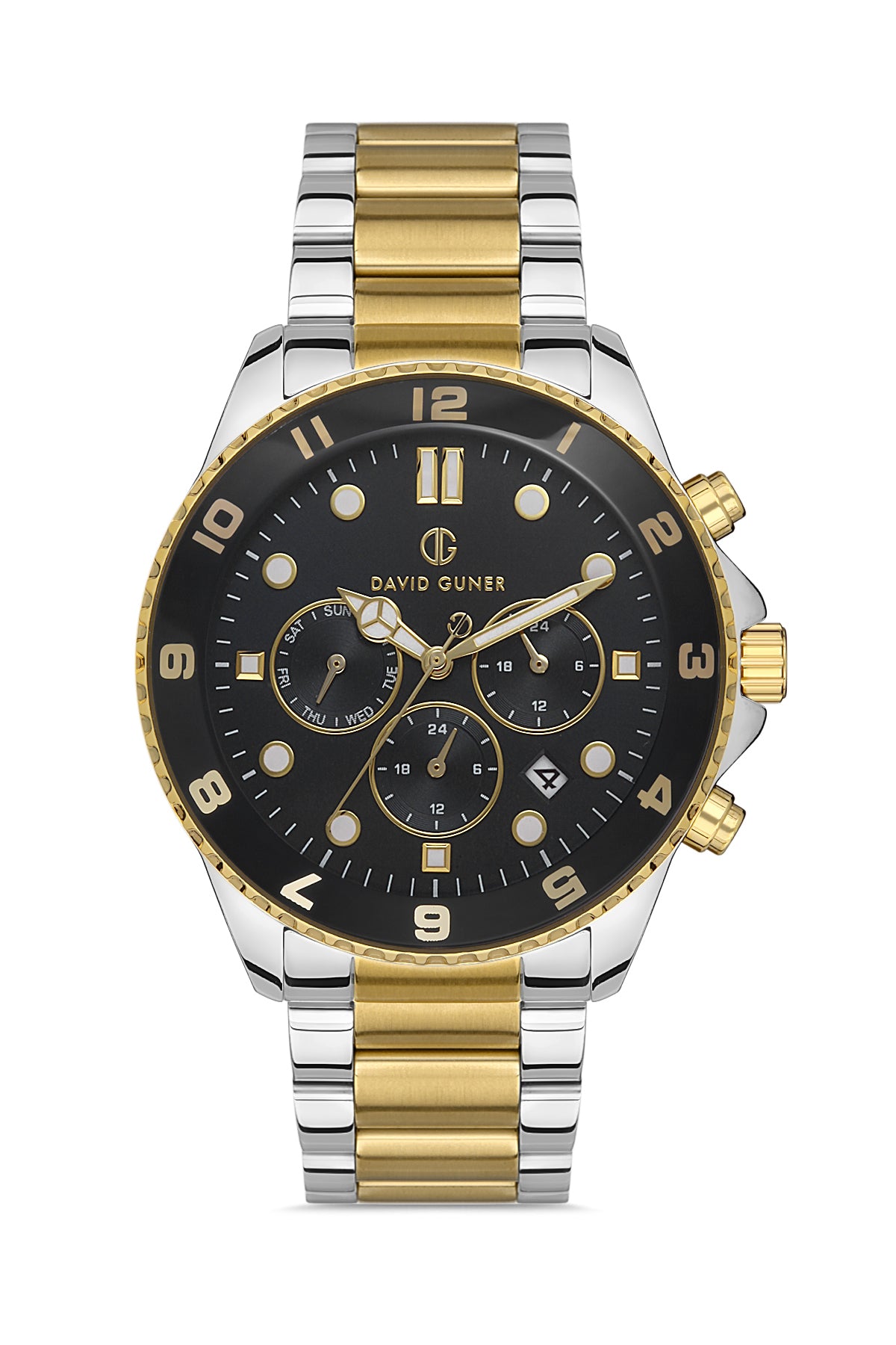 DAVID GUNER Sarı Beyaz Kaplama Siyah Kadranlı Multi Fonksiyonlu Paslanmaz Masif Çelik Erkek Kol Saati - DG-8243GA-D2