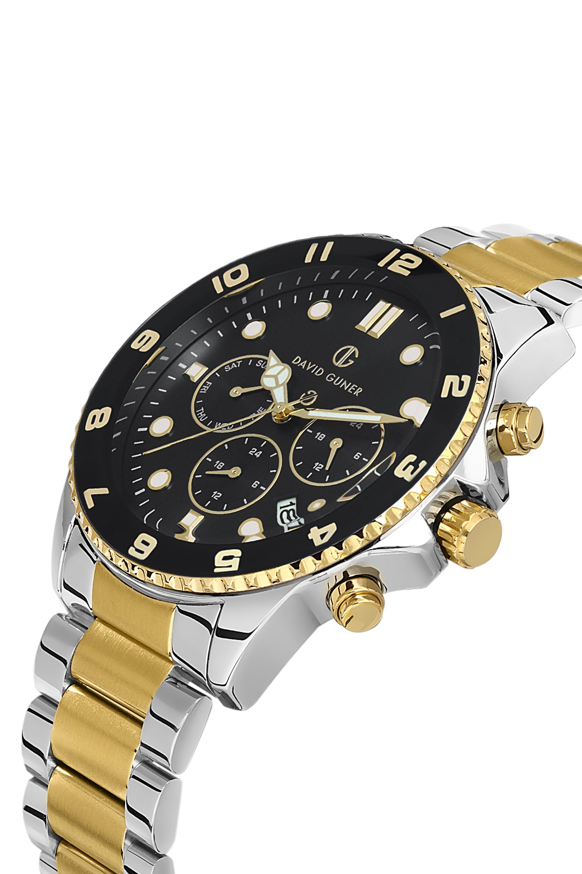DAVID GUNER Sarı Beyaz Kaplama Siyah Kadranlı Multi Fonksiyonlu Paslanmaz Masif Çelik Erkek Kol Saati - DG-8243GA-D2