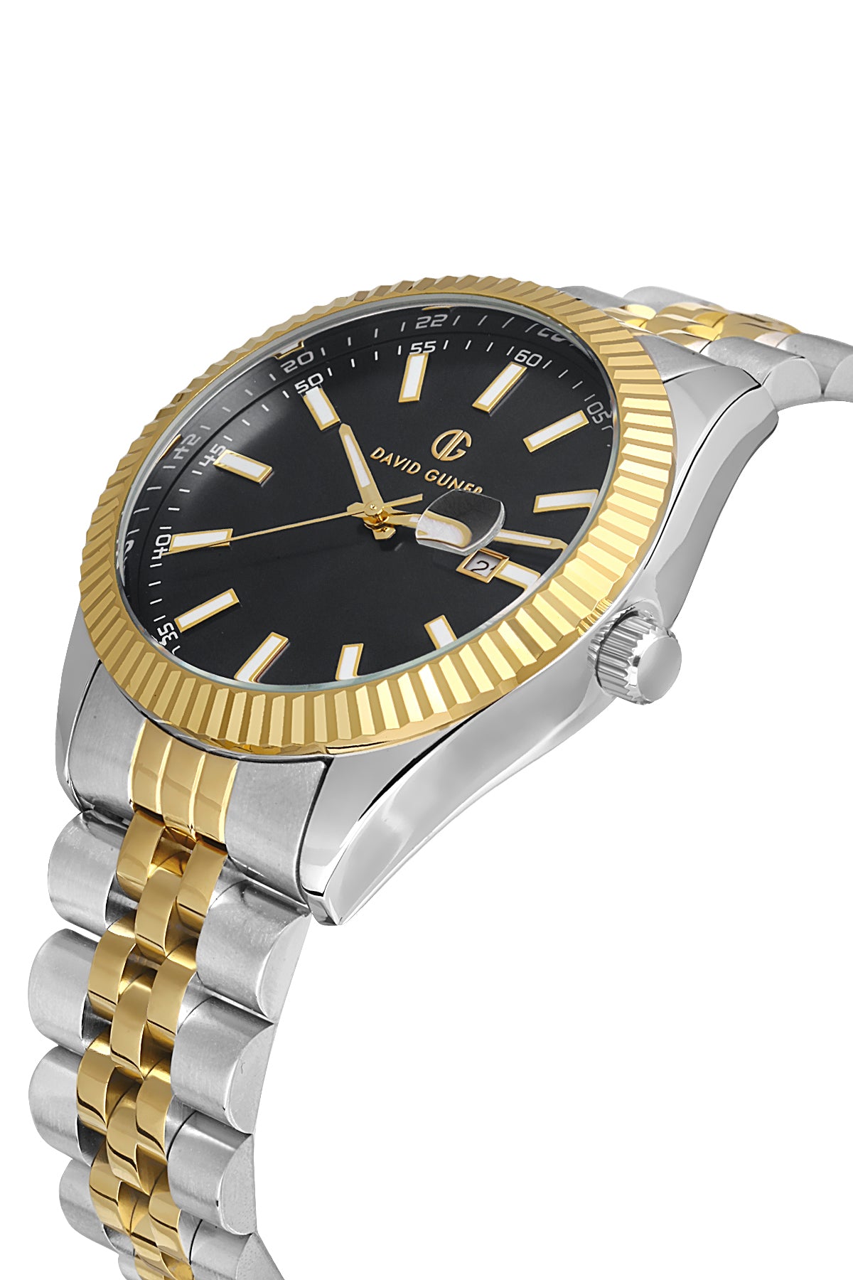 DAVID GUNER Siyah Kadranlı Sarı Beyaz Kaplama Paslanmaz Masif Çelik Kordonlu Takvimli Erkek Kol Saati DG-8626GA-D2