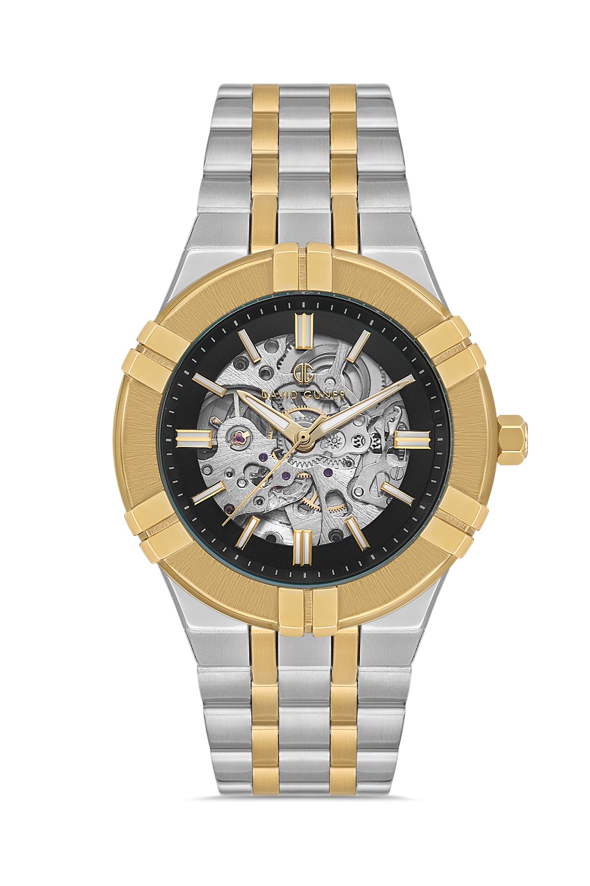 DAVID GUNER Siyah Kadranlı Sarı Beyaz Kaplama Paslanmaz Masif Çelik Kordonlu Otomatik Erkek Kol Saati