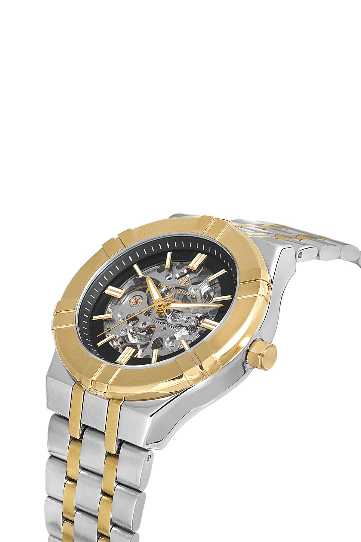 DAVID GUNER Siyah Kadranlı Sarı Beyaz Kaplama Paslanmaz Masif Çelik Kordonlu Otomatik Erkek Kol Saati
