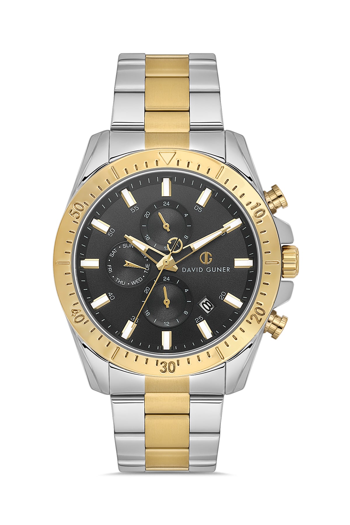 DAVID GUNER Siyah Kadranlı Sarı Beyaz Kaplama Paslanmaz Masif Çelik Kordonlu Multi Fonksiyonlu Erkek Kol Saati
