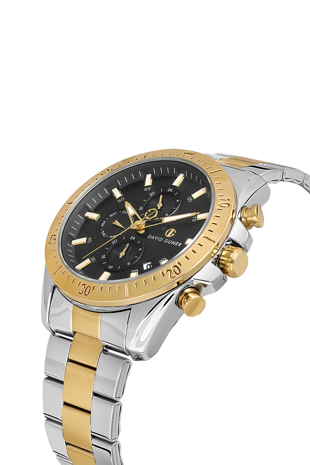 DAVID GUNER Siyah Kadranlı Sarı Beyaz Kaplama Paslanmaz Masif Çelik Kordonlu Multi Fonksiyonlu Erkek Kol Saati