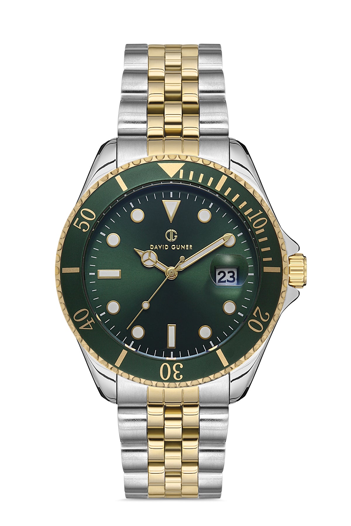 DAVID GUNER Sarı Gümüş Renk Kaplamalı Yeşil Kadranlı Takvimli Erkek Kol Saati - DG-8230GA-D10