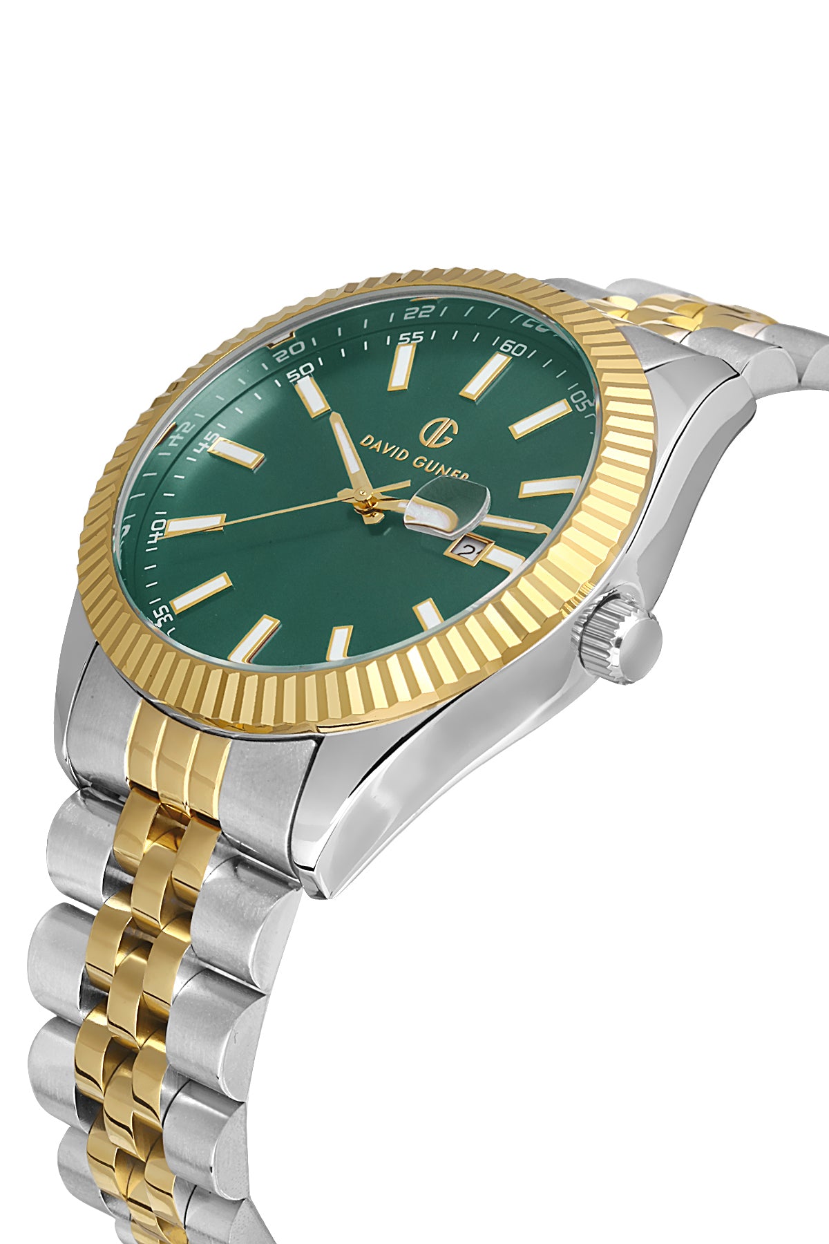 DAVID GUNER Yeşil Kadranlı Sarı Beyaz Kaplama Paslanmaz Masif Çelik Kordonlu Takvimli Erkek Kol Saati DG-8626GA-D10