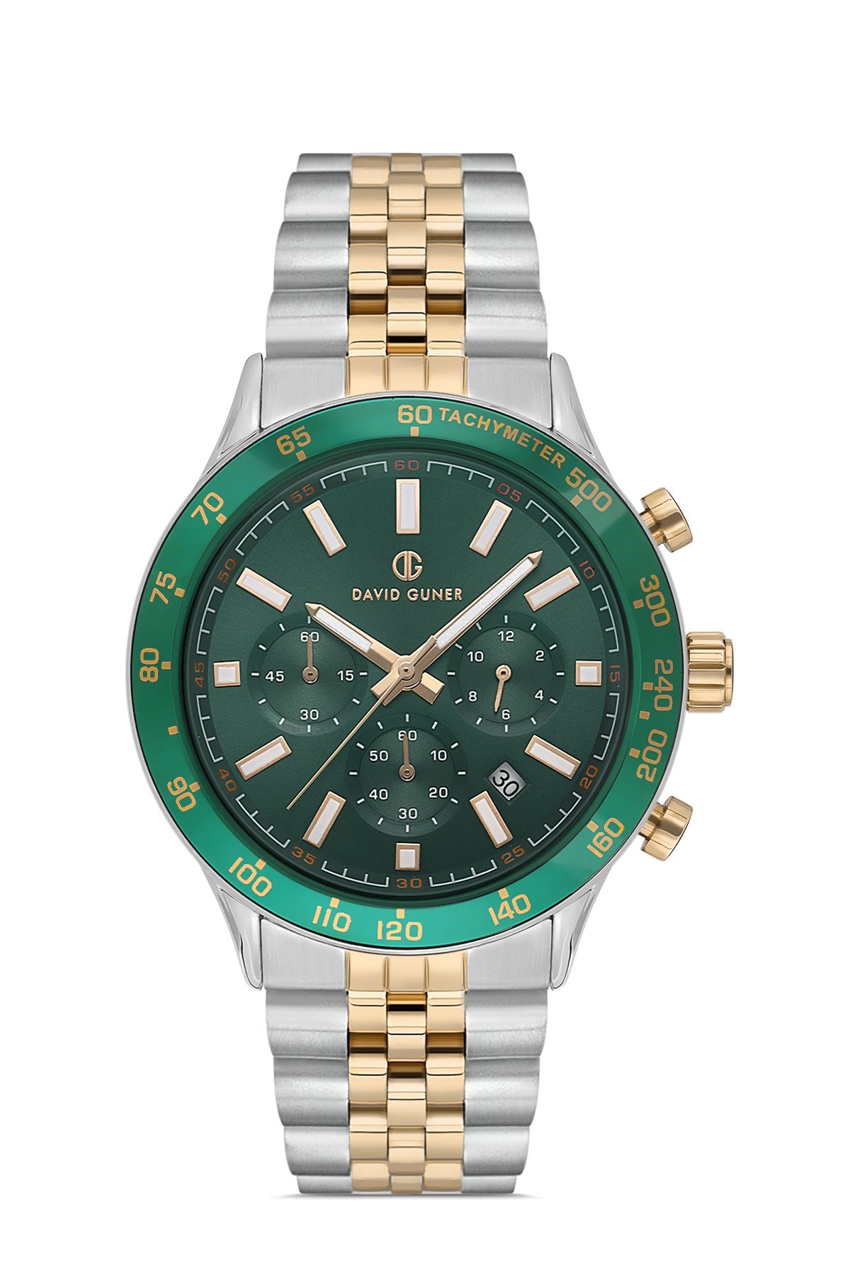 DAVID GUNER Yeşil Kadranlı Sarı Beyaz Kaplama Paslanmaz Masif Çelik Kordonlu Multi Fonksiyonlu Erkek Kol Saati