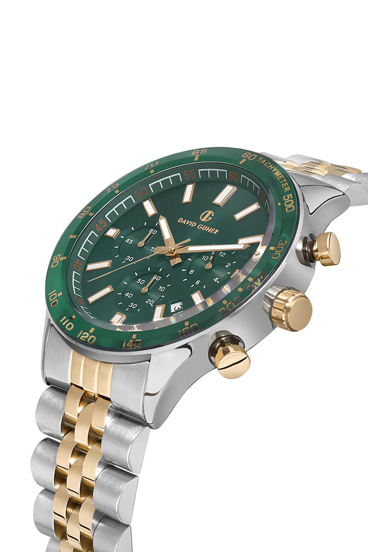 DAVID GUNER Yeşil Kadranlı Sarı Beyaz Kaplama Paslanmaz Masif Çelik Kordonlu Multi Fonksiyonlu Erkek Kol Saati