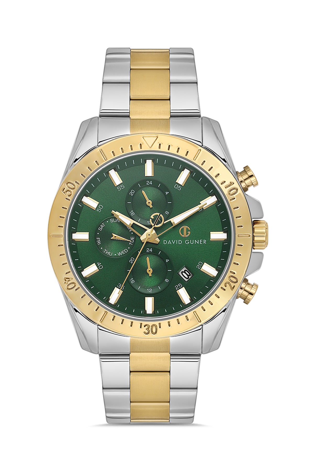 DAVID GUNER Yeşil Kadranlı Sarı Beyaz Kaplama Paslanmaz Masif Çelik Kordonlu Multi Fonksiyonlu Erkek Kol Saati
