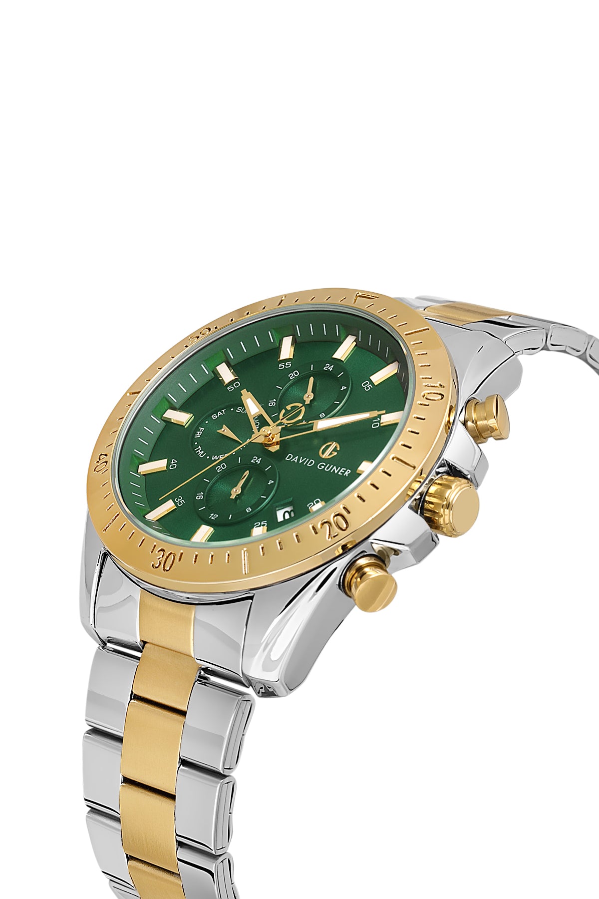 DAVID GUNER Yeşil Kadranlı Sarı Beyaz Kaplama Paslanmaz Masif Çelik Kordonlu Multi Fonksiyonlu Erkek Kol Saati
