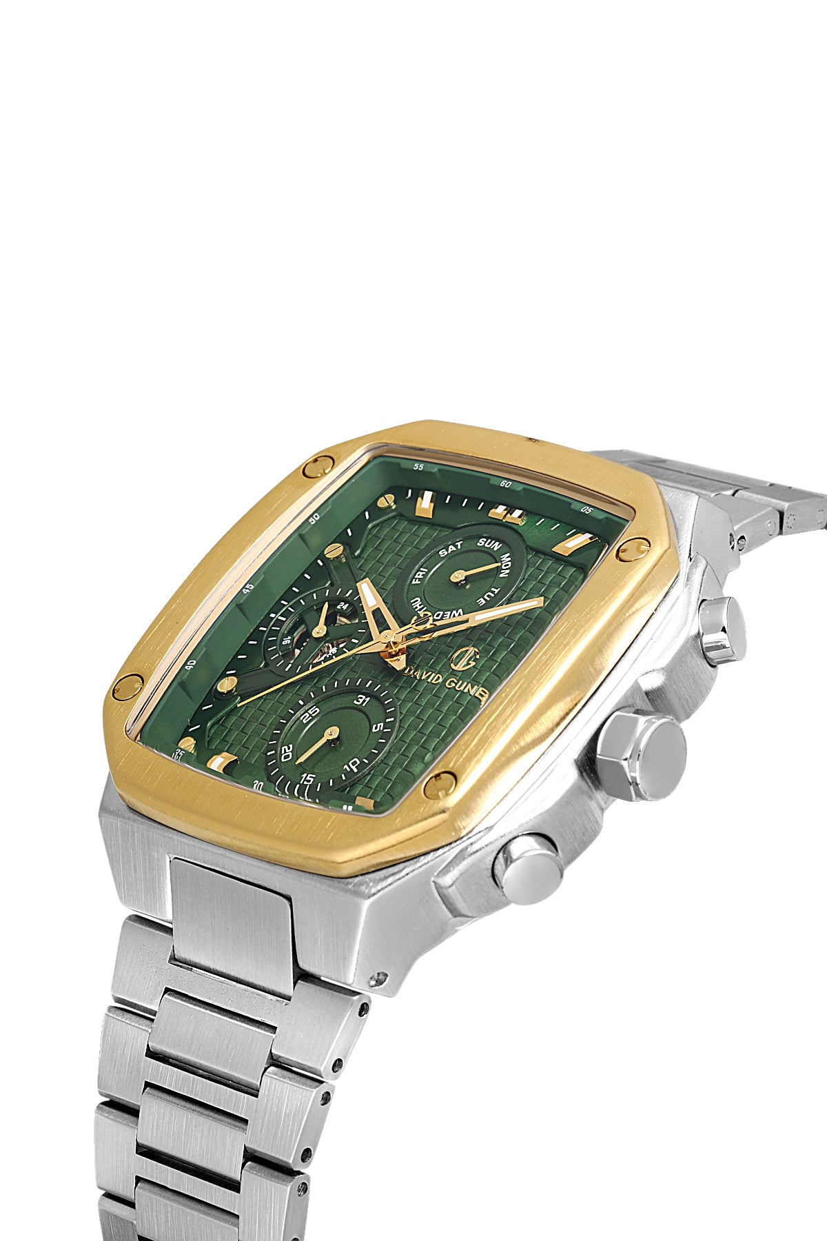 DAVID GUNER Sarı Beyaz Kaplamalı Yeşil Kadranlı Multi Fonksiyon Erkek Kol Saati