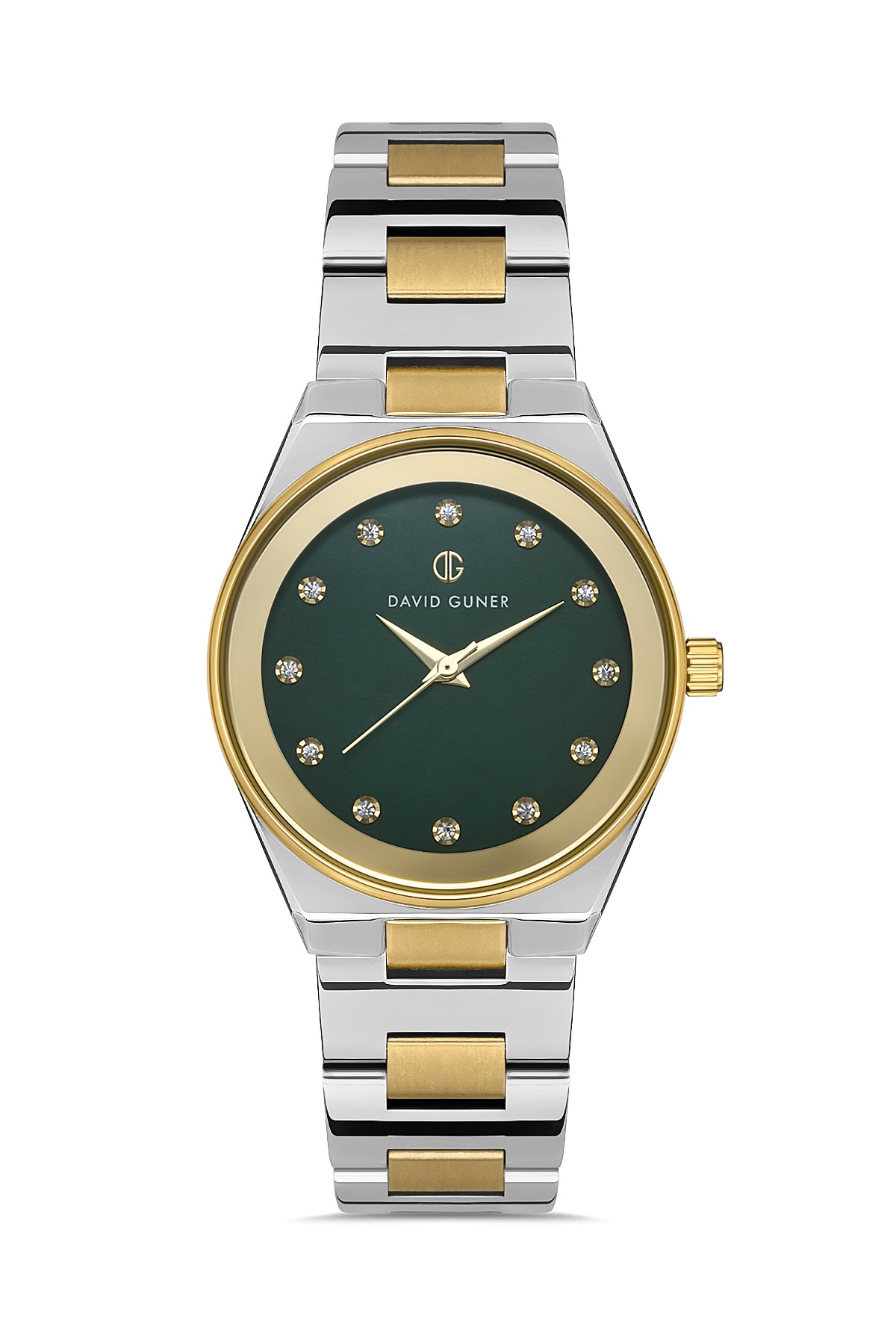 DAVID GUNER Sarı Beyaz Kaplama Yeşil Kadranlı Paslanmaz Masif Çelik Kordonlu Kadın Kol Saati - DG-8372LA-D10